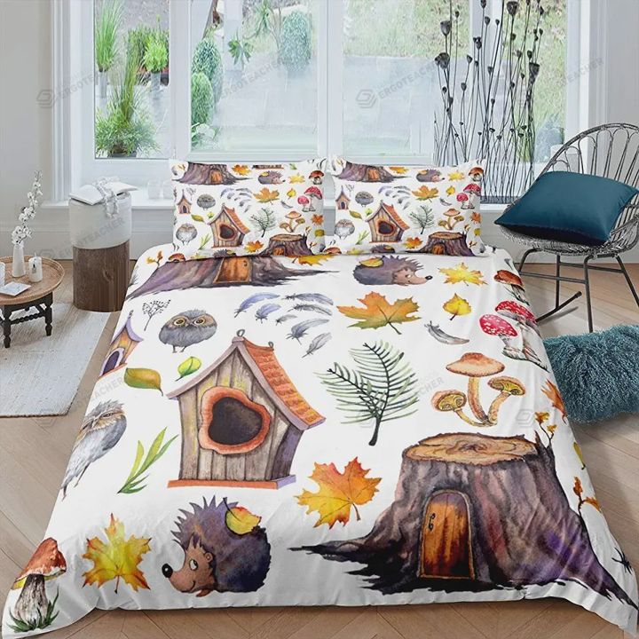 Hedgehog Owl Autumn Falling Leaf Bed Sheets Duvet Cover Bedding Sets