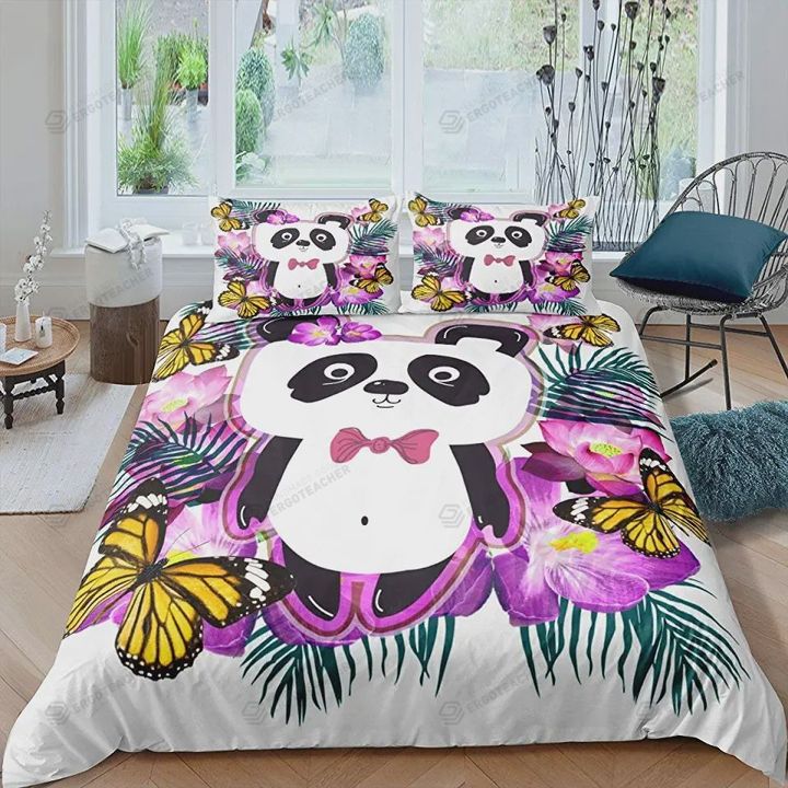 Panda And Butterfly Flower Pattern Bed Sheets Duvet Cover Bedding Sets