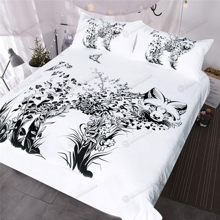 Black White Floral Fox Bed Sheets Duvet Cover Bedding Sets