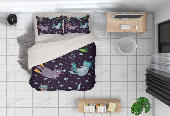 3d Cartoon Diving Cat Fish Bed Sheets Duvet Cover Bedding Set Great Gifts For Birthday Christmas Thanksgiving