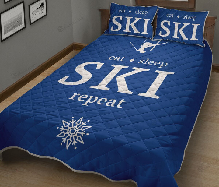 Eat Sleep Repeat Skii Blue Quilt Bed Set