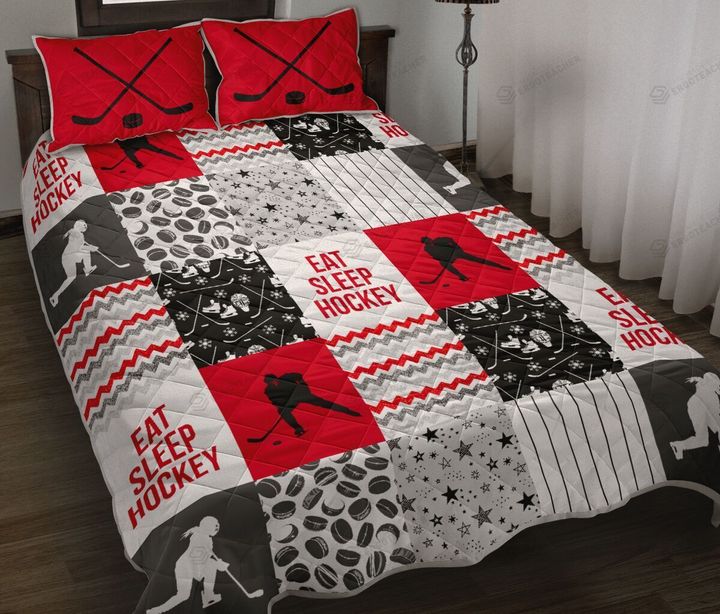 Eat Sleep Ice Hockey Pattern Quilt Bed Set