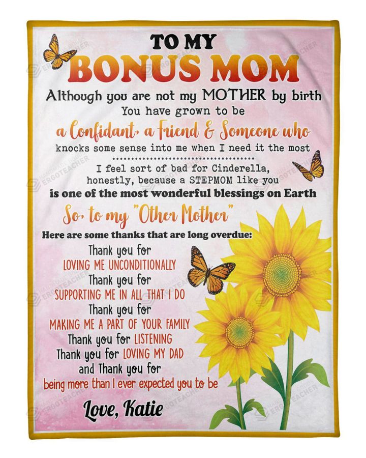 Personalized Sunflower Butterfly To My Bonus Mom Thank You For Making Me A Part Of Your Life Sherpa Fleece Blanket Great Customized Blanket Gifts For Birthday Christmas Thanksgiving Anniversary Mother’s Day