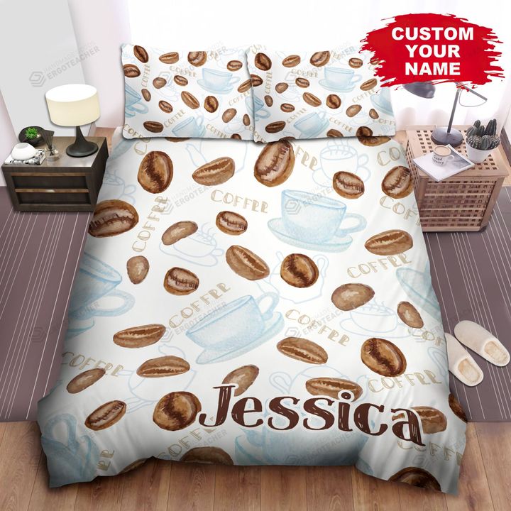 Personalized Coffee Beans And White Cups Pattern Bed Sheets Spread  Duvet Cover Bedding Sets