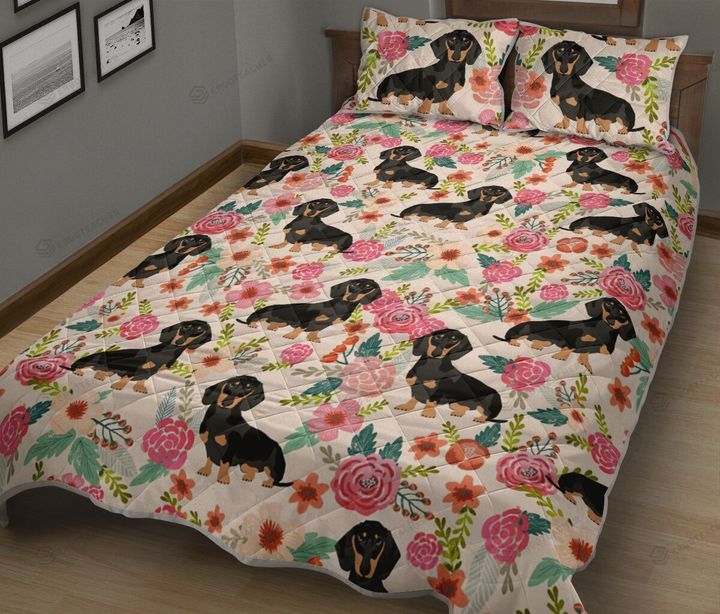 Dachshund Floral Pattern Quilt Bed Sheets Spread Duvet Cover Bedding Sets