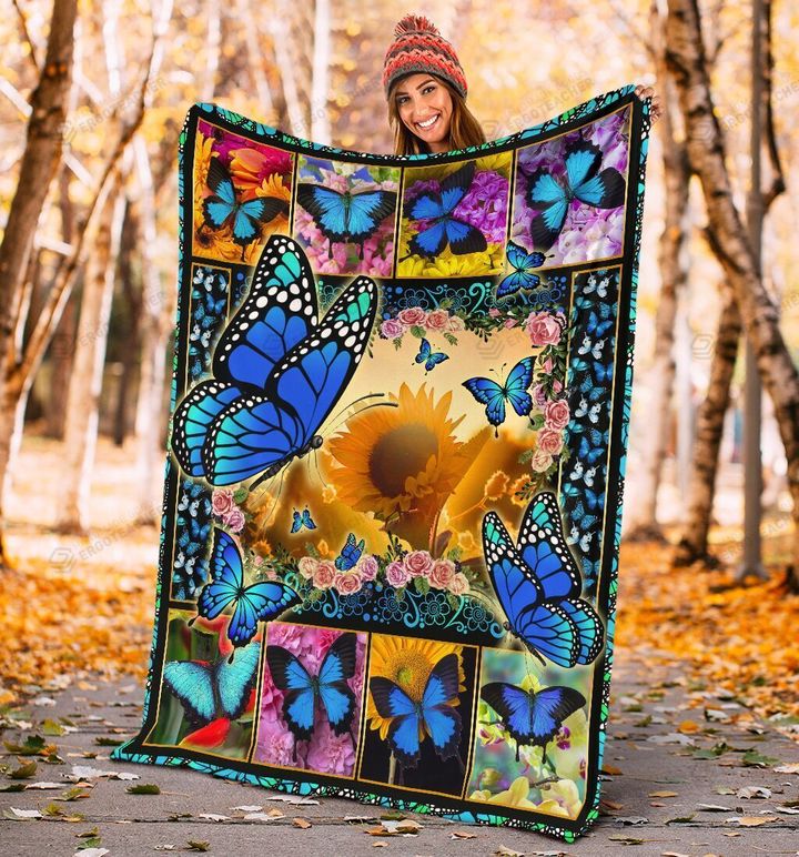 Black Blue Butterfly At Sunflowers Field Sherpa Fleece Blanket Great Customized Blanket Gifts For Birthday Christmas Thanksgiving