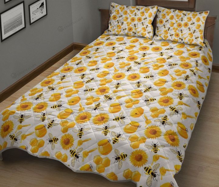 Bee Sun Flower Honey Patterns Quilt Bed Sheets Spread Duvet Cover Bedding Sets