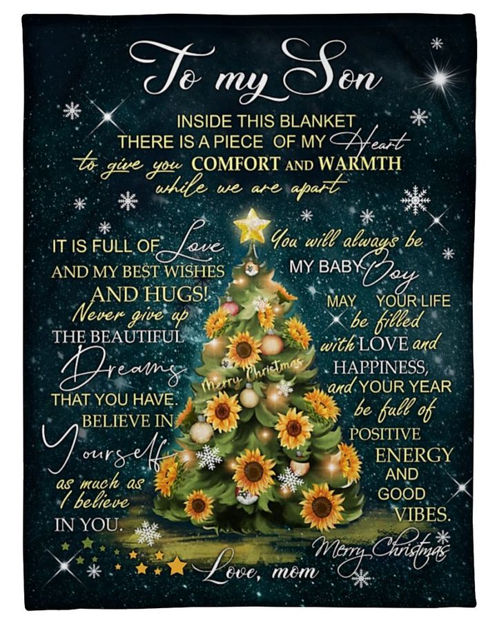 Personalized To My Son From Mom MERRY CHRISTMAS Christmas Tree Sunflowers Fleece/Sherpa Blanket Great Customized Gifts For Family Birthday Christmas Thanksgiving Anniversary