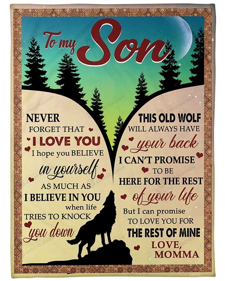 Personalized Family To My Son Never Forget That I Love You, This Old Wolf Will Always Have Your Back Sherpa Fleece Blanket