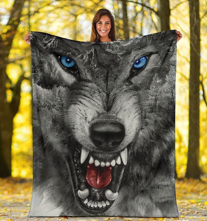 Angry Wolf With Blue Eyes Sherpa Fleece Blanket Great Customized Blanket Gifts For Birthday Christmas Thanksgiving