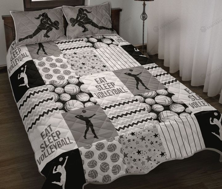 Eat Sleep Volleyball Pattern Gray Quilt Bed Set