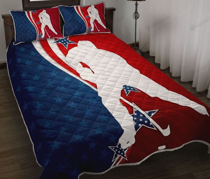 Ice Hockey USA Flag Quilt Bed Set