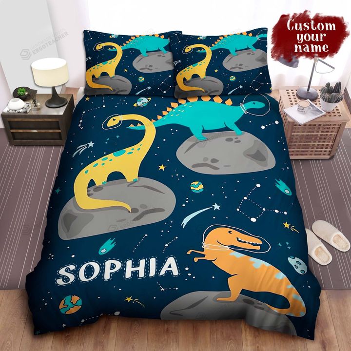 Personalized Custom Name Dinosaurs In Outer Space Bed Sheets Spread Duvet Cover Bedding Sets