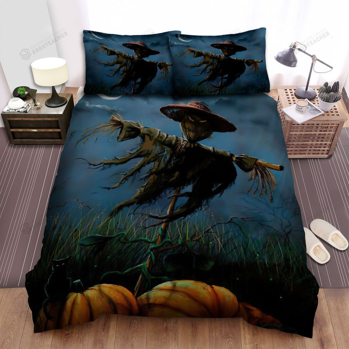 Scarecrow, Halloween, Scarecrow And Cat Bed Sheets Spread Duvet Cover Bedding Sets