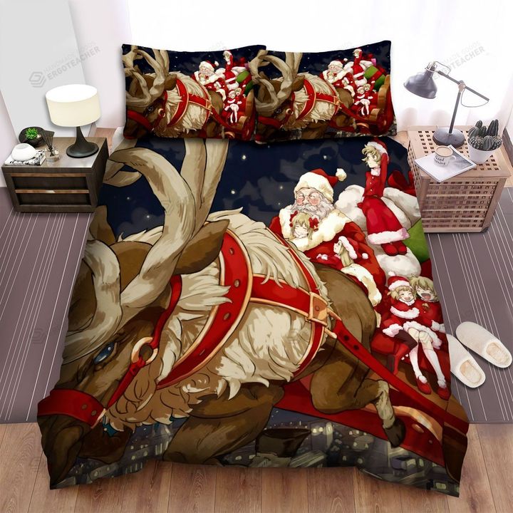Happy Kids On Santa Claus Sleigh Bed Sheets Spread Duvet Cover Bedding Sets