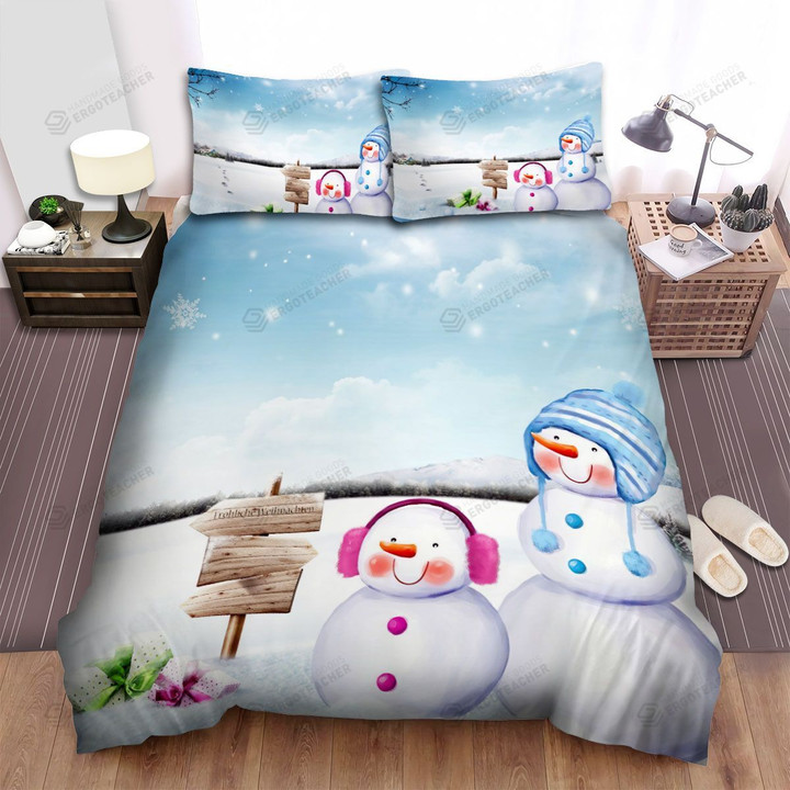 Pair Of The Snowman At Snowy Place Bed Sheets Spread Duvet Cover Bedding Sets