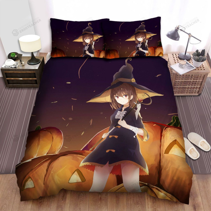 Halloween, Witch,  Protecting Her Pumpkins Art Bed Sheets Spread Duvet Cover Bedding Sets
