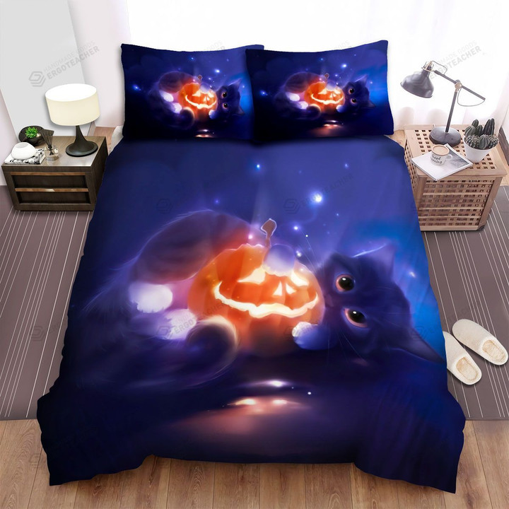 Halloween Cat Having Fun With Jack O Lantern Artwork Bed Sheets Spread Duvet Cover Bedding Sets