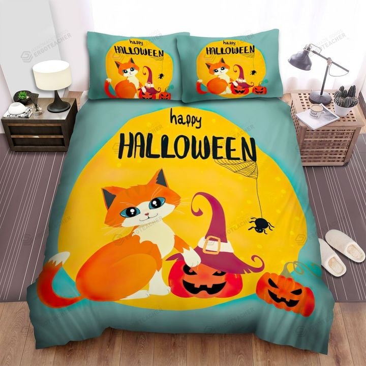Happy Halloween With Orange Cat Bed Sheets Spread Duvet Cover Bedding Sets