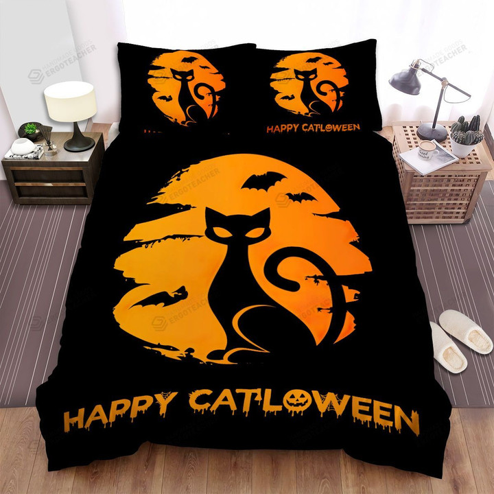 Happy Halloween With Lady Cat Silhouette Bed Sheets Spread Duvet Cover Bedding Sets