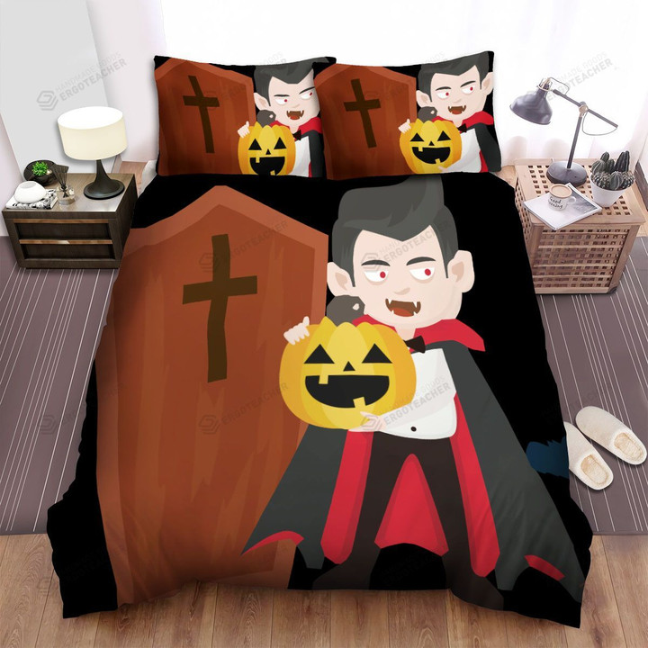 Halloween Vampire Holding Jack-O-Lantern Illustration Bed Sheets Spread Duvet Cover Bedding Sets