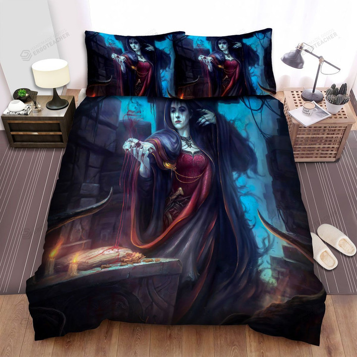 Halloween Vampire Lady Doing A Magic Ritual Bed Sheets Spread Duvet Cover Bedding Sets