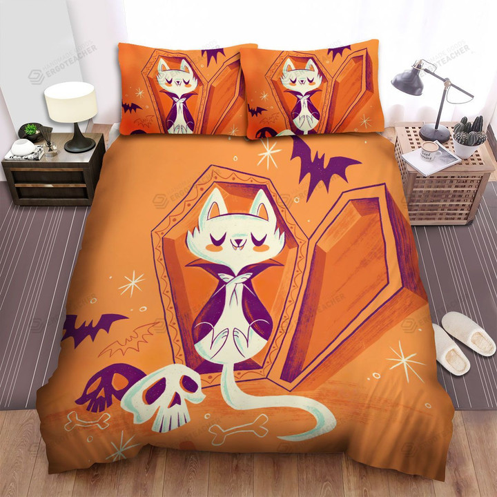 Halloween Vampire Cat Sleeping Inside The Coffin Bed Sheets Spread Duvet Cover Bedding Sets