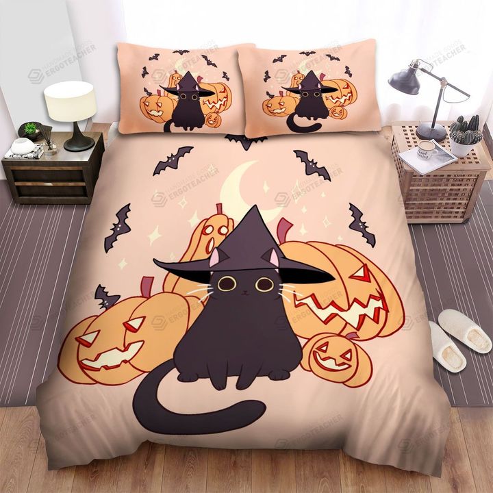 Halloween Adorable Black Cat With Smiling Jack O Lantern Illustration Bed Sheets Spread Duvet Cover Bedding Sets