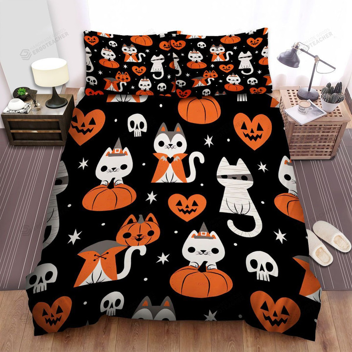 Halloween Funny Cartoon Cat Pattern Bed Sheets Spread Duvet Cover Bedding Sets