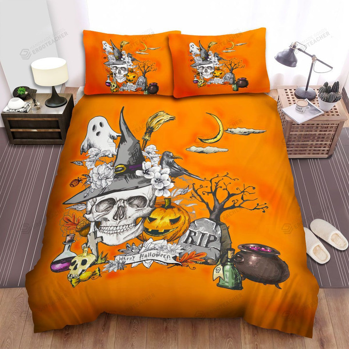 Happy Halloween With Skull And Friends Artwork Bed Sheets Spread Duvet Cover Bedding Sets