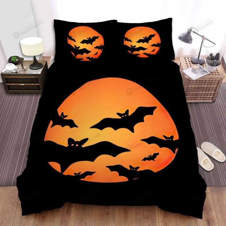 Halloween, Bat, Orange Moon And Bats Bed Sheets Spread Duvet Cover Bedding Sets
