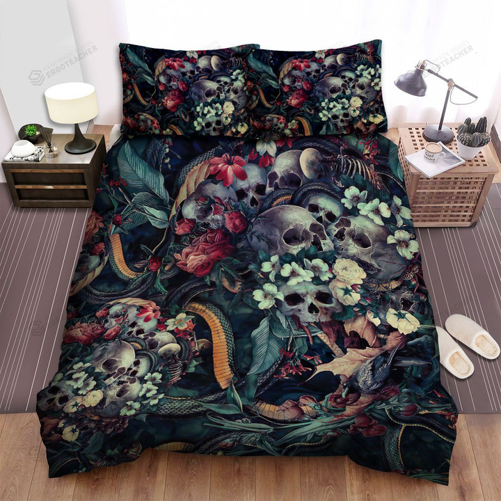 Halloween Skulls With Snakes And Flowers Artwork Bed Sheets Spread Duvet Cover Bedding Sets