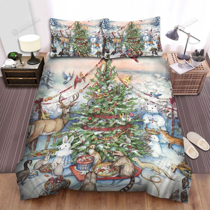 Christmas Party Around The Christmas Tree For Animals  Bed Sheets Spread Duvet Cover Bedding Sets