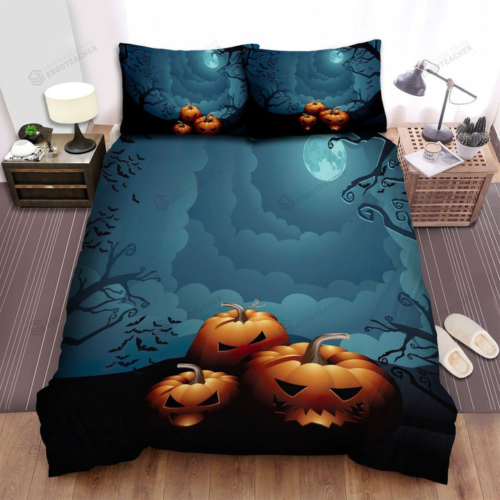 Halloween, Bat, Pumpkins And Curse Forest Bed Sheets Spread Duvet Cover Bedding Sets