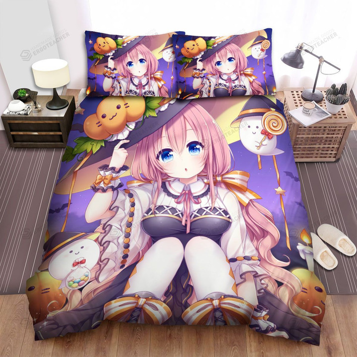 Halloween, Witch, Ghosts Get Her Candies Artwork Bed Sheets Spread Duvet Cover Bedding Sets
