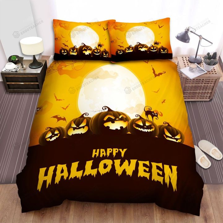 Spider, Halloween, Moon And Orange Night Bed Sheets Spread Duvet Cover Bedding Sets