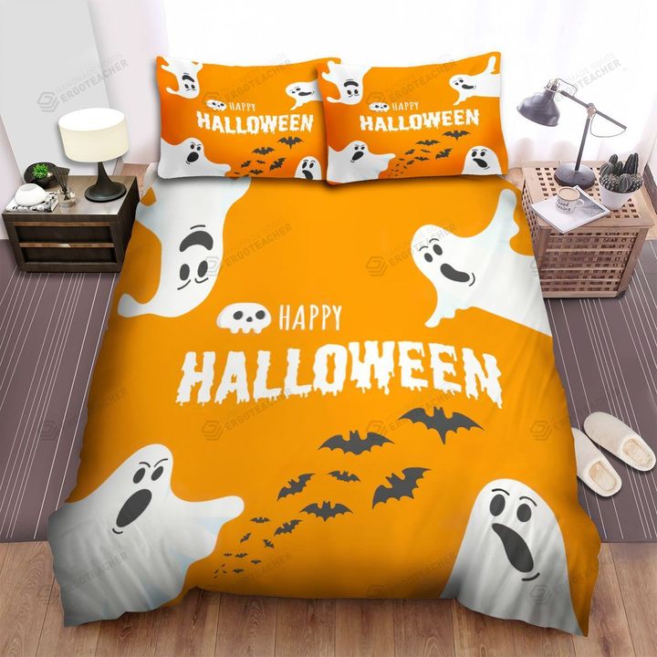 Halloween Ghost Happy Halloween In Orange Bed Sheets Spread Duvet Cover Bedding Sets