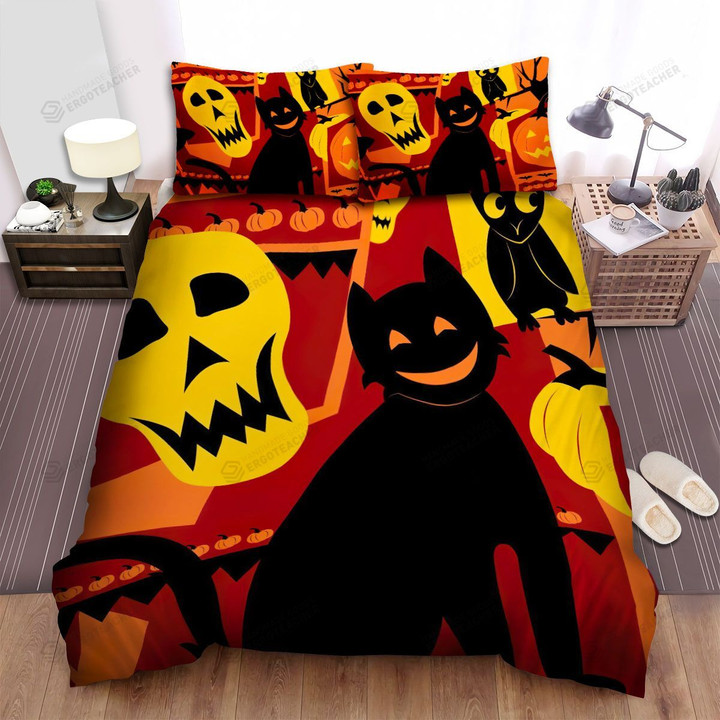 Halloween Smiling Cat Silhouette Bed Sheets Spread Duvet Cover Bedding Sets