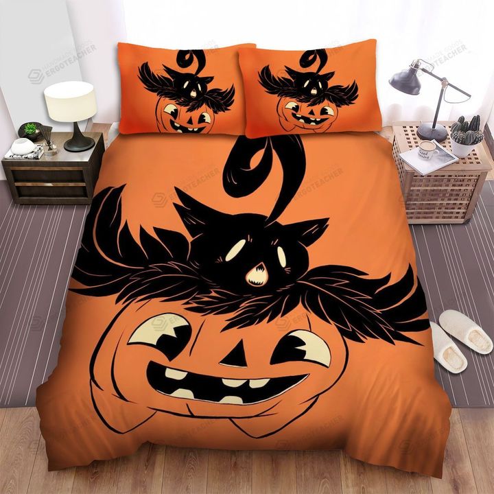 Halloween Black Cat Head On Jack O Lantern Bed Sheets Spread Duvet Cover Bedding Sets