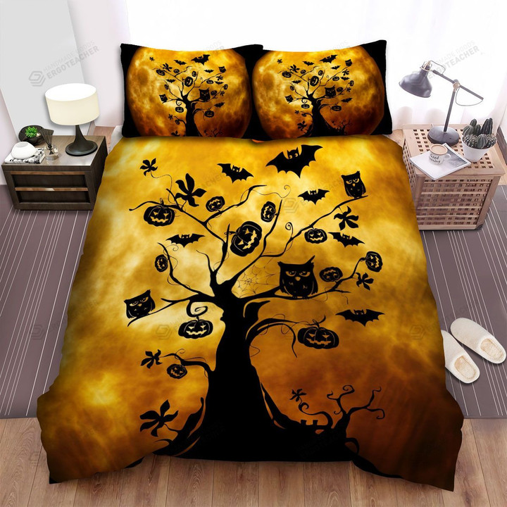 Halloween, Owl, 3 Owls On The Tree Bed Sheets Spread Duvet Cover Bedding Sets