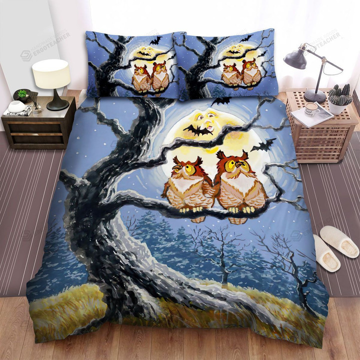 Halloween, Owl, Pair Of Owls Halloween Night Bed Sheets Spread Duvet Cover Bedding Sets