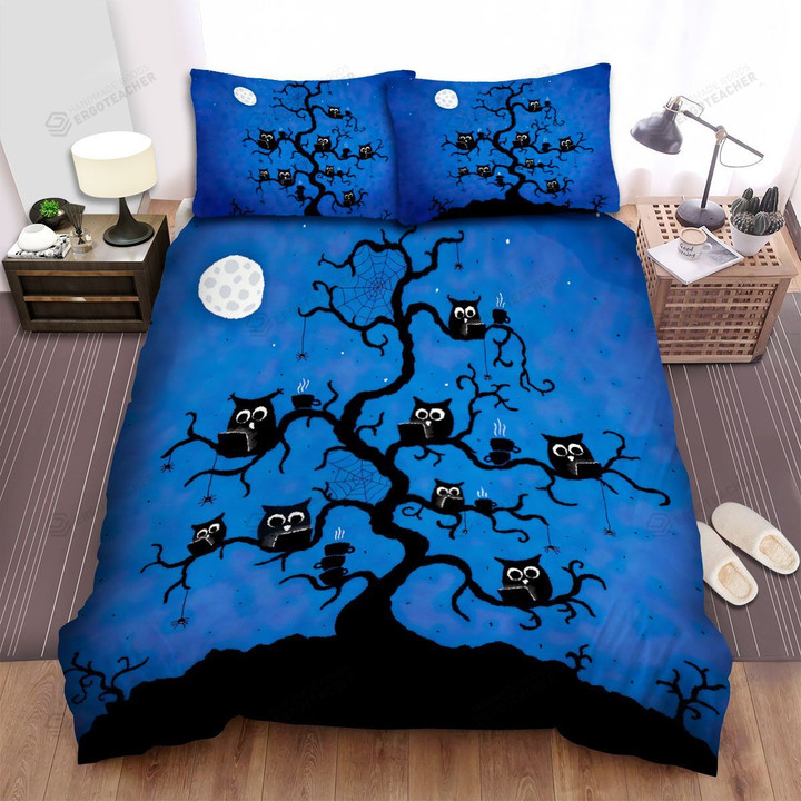 Halloween, Owl, Drinking And Reading Art Bed Sheets Spread Duvet Cover Bedding Sets