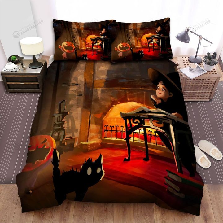 Halloween Jack-O-Lantern With A Witch And Black Cat Cozy Artwork Bed Sheets Spread Duvet Cover Bedding Sets