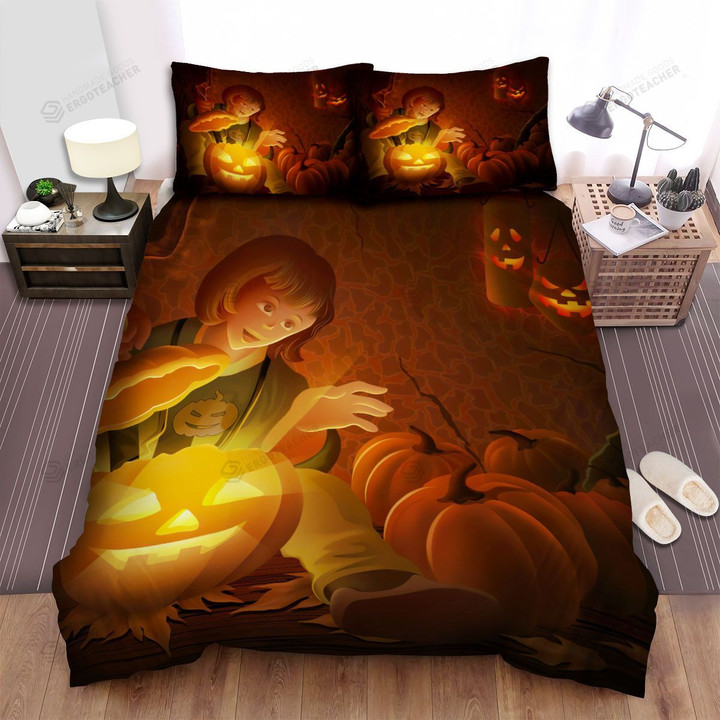 Halloween Child With Glowing Jack-O-Lantern Bed Sheets Spread Duvet Cover Bedding Sets