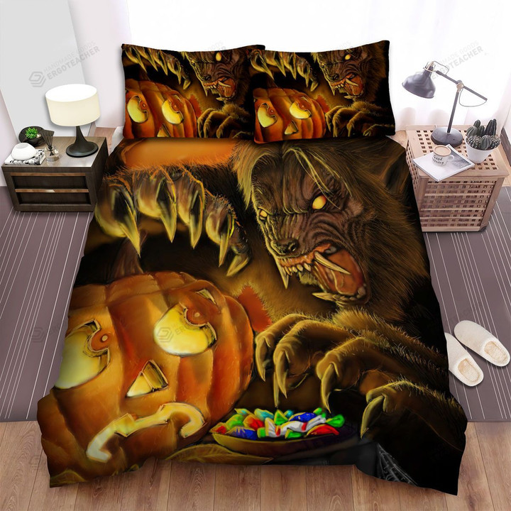 Halloween Werewolf Taking Candies From Jack-O-Lantern Bed Sheets Spread Duvet Cover Bedding Sets