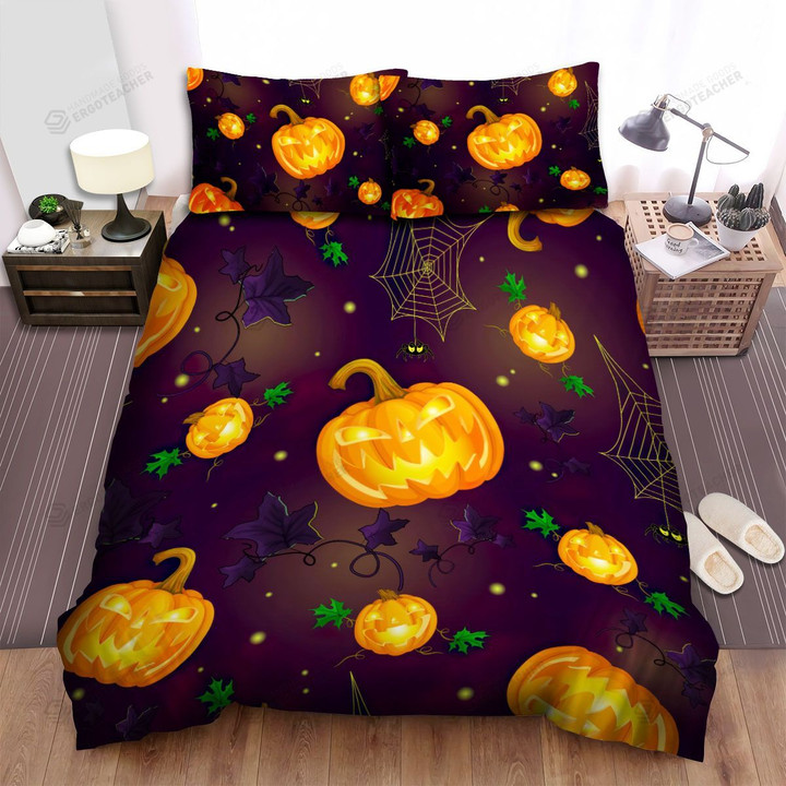 Halloween Jack-O-Lantern And Spider Nets Seamless Pattern Bed Sheets Spread Duvet Cover Bedding Sets