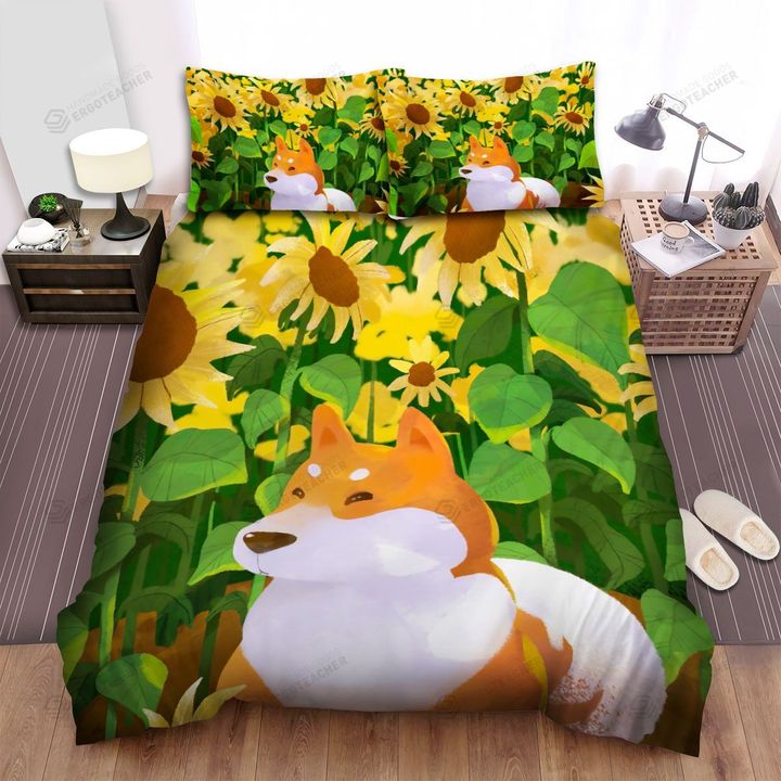 Sunflower Shiba Inu Dog Orange Bed Sheets Spread  Duvet Cover Bedding Sets