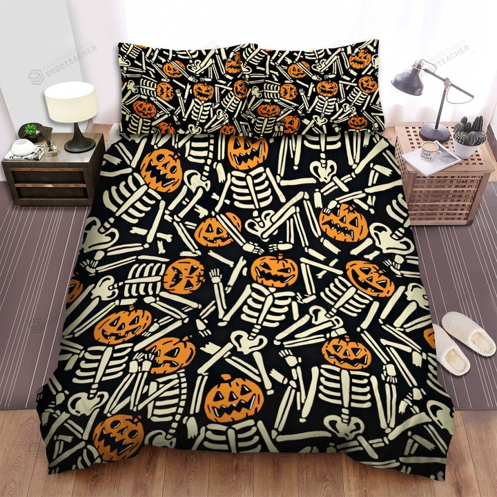 Halloween Skeletons In Jack O Lantern Mask Seamless Pattern Bed Sheets Spread Duvet Cover Bedding Sets