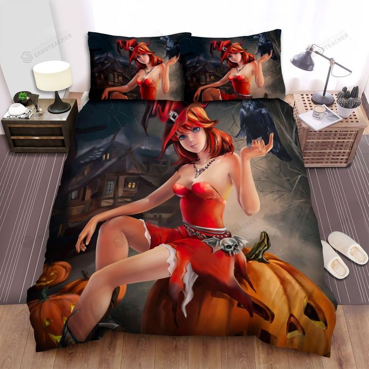 Halloween, Witch, Orange Witch Black Crow Bed Sheets Spread Duvet Cover Bedding Sets