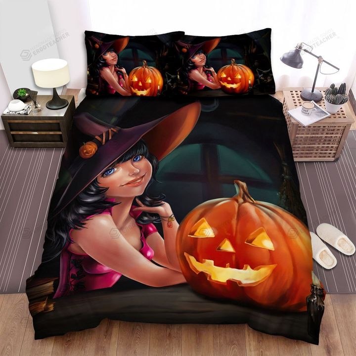 Halloween, Witch, Staying At Home With Cat Bed Sheets Spread Duvet Cover Bedding Sets